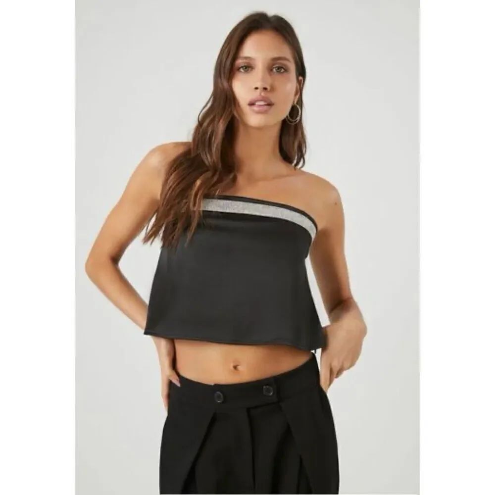 Rhinestone Strapless Crop Top Black Women’s M